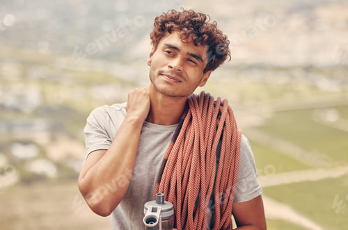 Preview: Man on a mountain rock climb or hike trip with a rope and water bottle outdoors in nature. Young, h