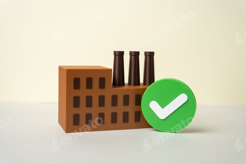Preview: A factory with a green checkmark. The industrial plant has passed the inspection