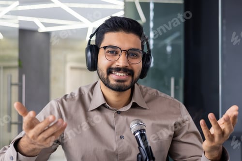Preview: Webcam view, man in headphones looking at camera, smiling, using professional microphone to record
