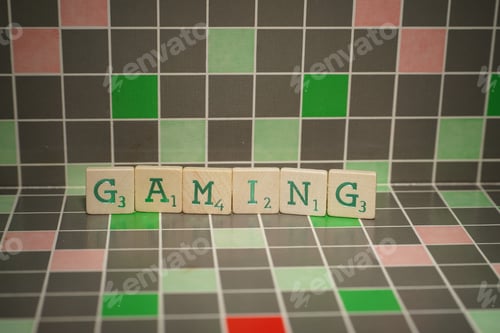Preview: Tile with green gaming text on a blocked background