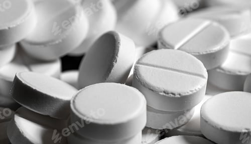 Preview: Close up of white painkiller tablet on a reflective black backgr
