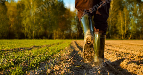Preview: Close-up of a farmer's feet in rubber boots walking down a farmer field dust rising from shoes.