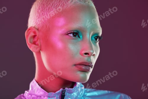 Preview: Vaporwave profile, black woman and cyberpunk cosmetics with model thinking in a studio. Isolated, g