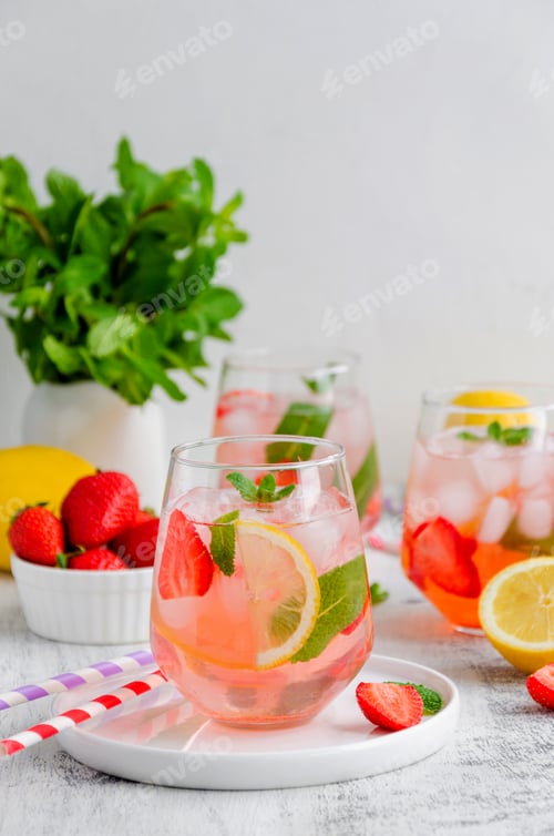 Preview: Cold summer drink - strawberry lemonade with mint and ice cubes in glass. Vertical, copy space.