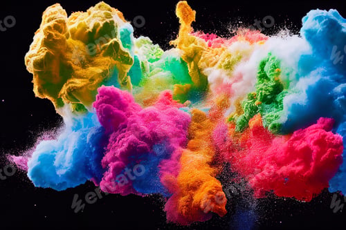 Preview: Multicolor splash of particles. Festival of colours. Powder burst isolated on back background. Paint