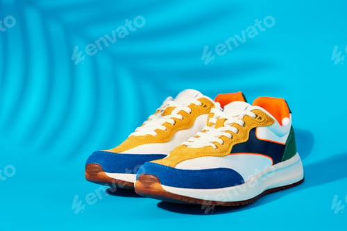 Preview: Trendy youth colorful shoes on blue background with plant shadow