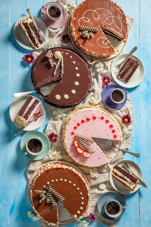 Preview: Homemade cakes with coffee. Sweet fresh dessert.