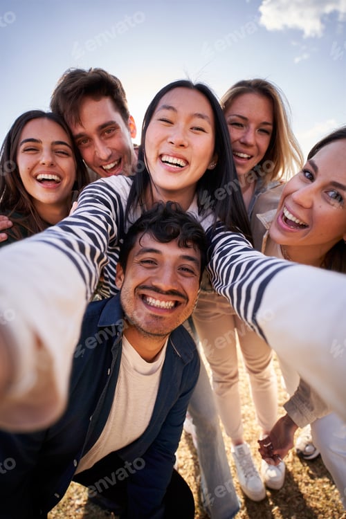 Preview: Group diverse happy young friend taking selfie together looking smiling at camera. Piggyback people.