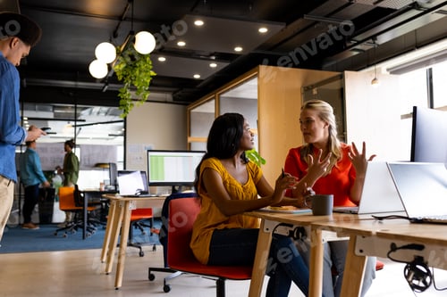 Preview: Diverse female colleagues in discussion using laptop in office