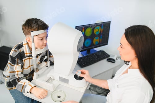 Preview: Boy having eyesight examination with optometrist