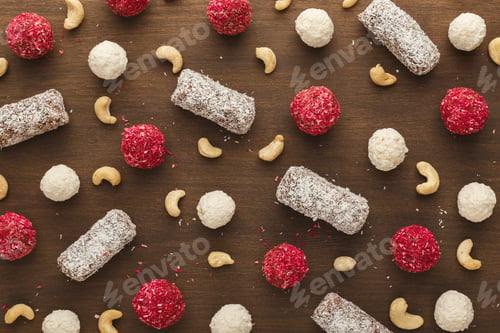 Preview: Wooden desktop with assortment of sweets