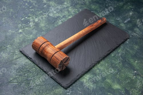 Preview: front view wooden hammer on black board on dark background kitchen color wood photo butcher meat