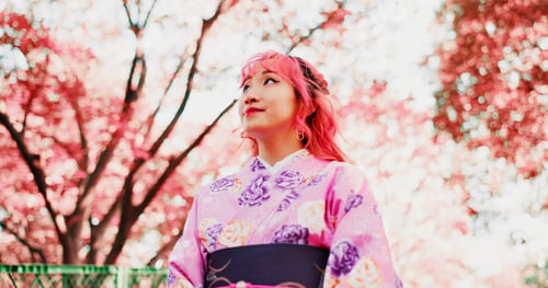 Preview: Cherry blossom, park and girl in kimono, trees and thinking with outdoor sightseeing in nature in l