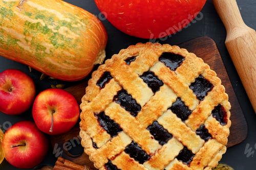 Preview: Berry tart pie served on table close up