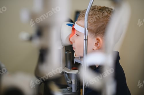 Preview: Child undergoing vision diagnostics with ophthalmologist in clinic