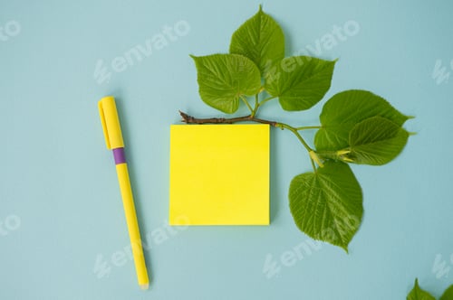 Preview: A blank sheet, a yellow sticker, a top view, a branch with leaves on a bright blue table with a pen