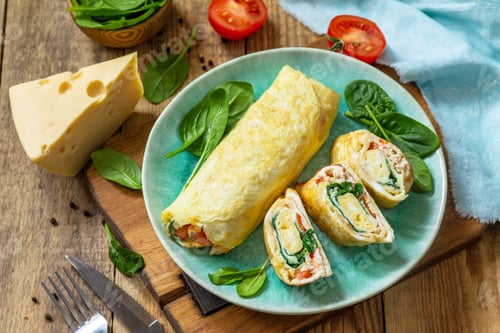 Preview: Japanese cuisine. Omelet tamago yaki for breakfast. Rolled egg with spinach, tomato and cheese.