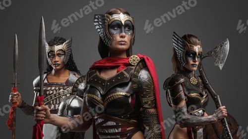 Preview: Group of brave amazons from past with spears and axe