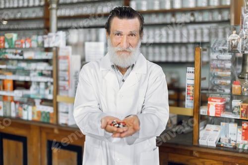 Preview: Handsome senior male pharmacist posing in ancient pharmacy interior