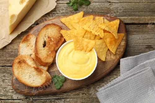 Preview: Tasty cheese dipping sauce in bowl, nacho chips and croutons on wooden table, flat lay