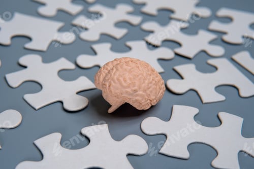 Preview: Model of a human brain surrounded by scattered puzzle pieces.