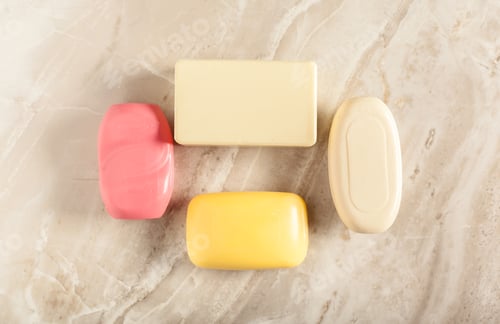 Preview: Colorful soap bars arranged on a light marble surface in a bright setting