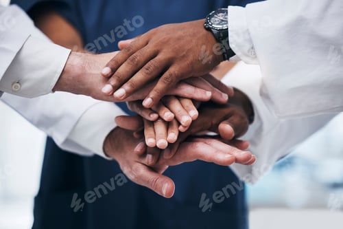 Preview: Hands, teamwork and unity with a business team of diversity standing in office with a hand each in