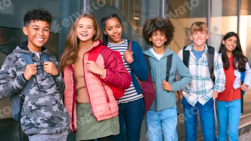 Preview: Portrait Showing Class Of Secondary Or High School Pupils Standing Outside School Building