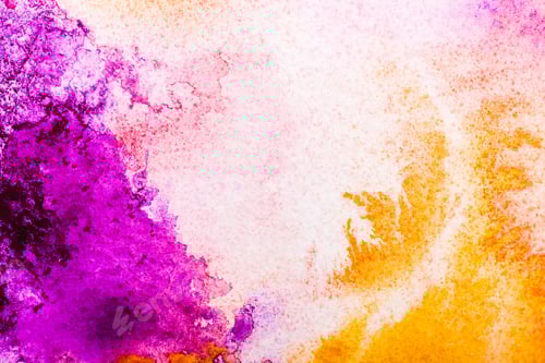 Preview: top view of yellow and pink watercolor spills on white background with copy space