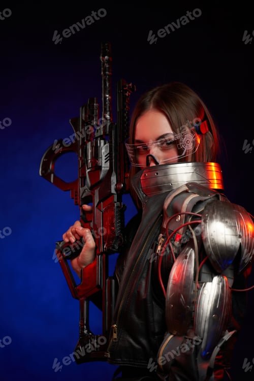 Preview: Futuristic woman with eyewear and rifle in dark blue background