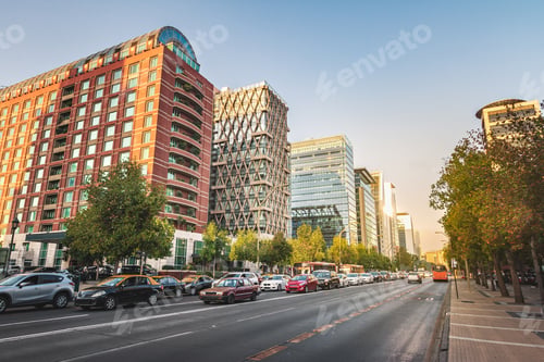 Preview: Apoquindo Avenue and modern buildings of Las Condes neighborhood at sunset - Santiago, Chile