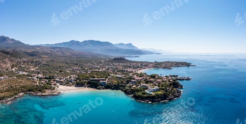 Preview: Greece Peloponnese. Stoupa seaside village and sandy beach, aerial view. Mani, Messenia