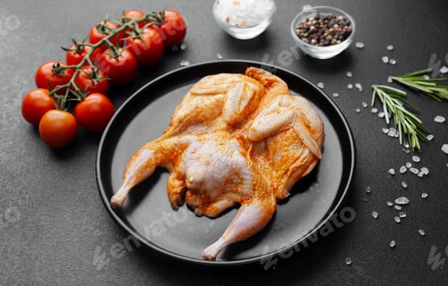 Preview: Marinated quail on black plate with tomatoes, herbs and spices on dark background