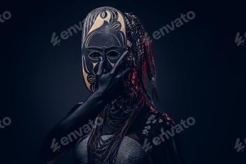 Preview: Close-up portrait of a witch from the indigenous African tribe, wearing traditional costume