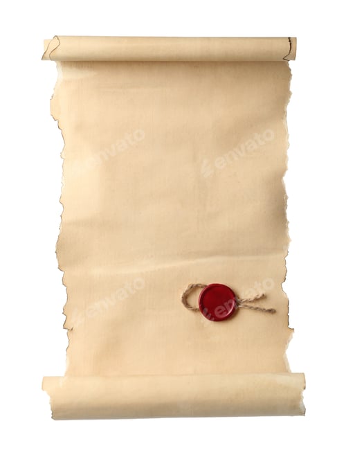 Preview: Scroll of old parchment paper with wax seal isolated on white