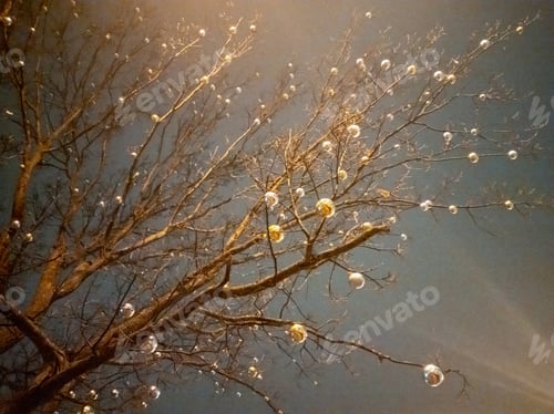 Preview: Branches of an old oak tree with toy glass balls against the background of the night sky.Horizontal