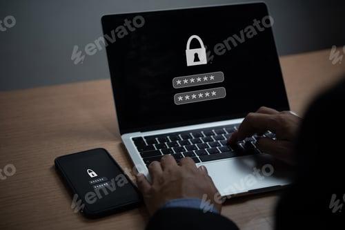 Preview: Laptop and Mobile Phone with Encryption, Key Lock, and Password. Digital Security Protection Privacy