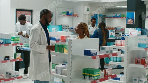 Preview: Male pharmacist helping woman with boxes of pills