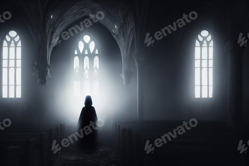 Preview: ethereal ghost woman in abandoned building Halloween scene