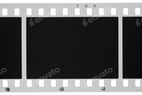 Preview: Blank strip of 35mm film with perforations and ISO and frame number marks isolated on white.