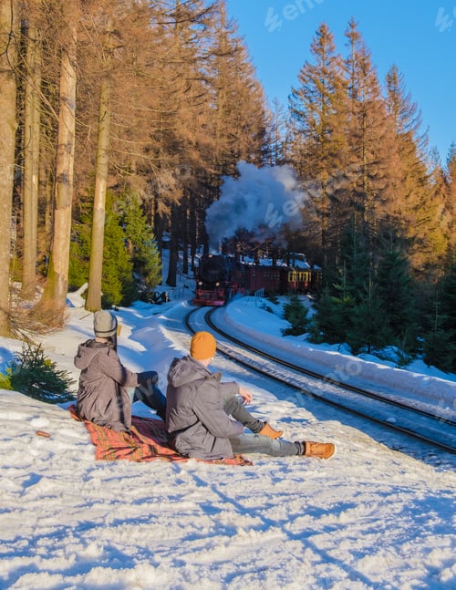 Preview: couple of men and women watching the steam train during winter in the snow in the Harz Germany