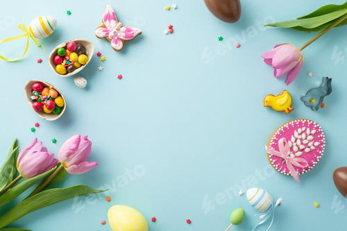 Preview: Festive baking setup with Easter vibes. Top view of table adorned with playful gingerbreads