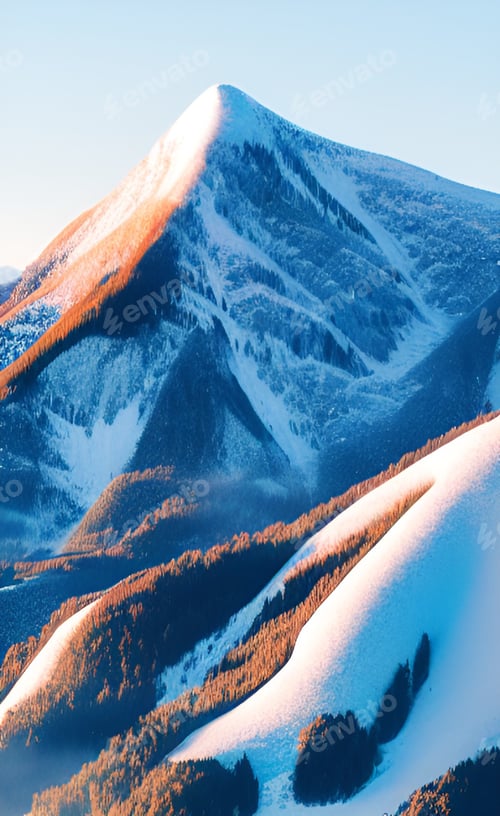 Preview: Vertical shot of beautiful snowy white mountains and trees under a clear sky
