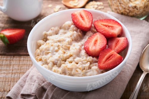 Preview: Oatmeal. Bowl of oatmeal porridge with strawberry, almond and milk on old wooden dark table backgrou