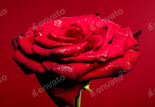 Preview: Blooming red tea rose on a red background