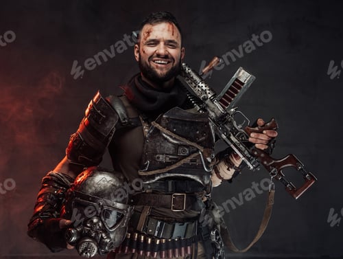 Preview: Joyful and happy survivor armed with shotgun in dark background