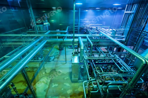 Preview: Industrial interior of soft drinks factory with tubes