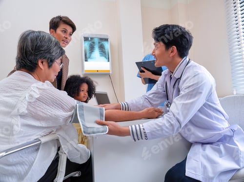Preview: At hospital room patient sit on wheel chair consult doctor on heart beat prepare for blood pressure