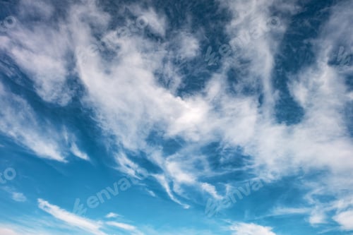 Preview: Blue sky background with tiny stratus cirrus striped clouds. Clearing day and Good windy weather