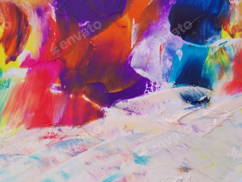 Preview: Rough abstract colorful art image with oil brushes, paints, palette knife on paper background.